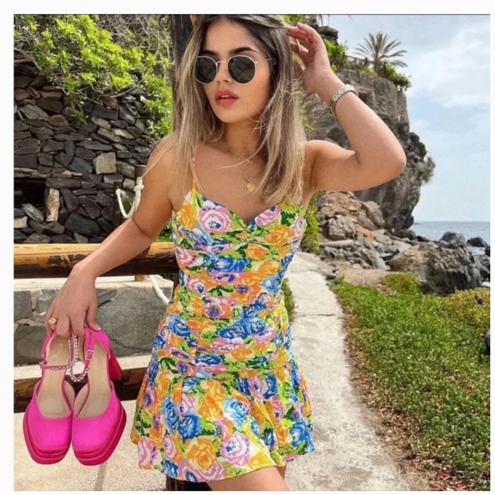 Zara Spaghetti Strap Floral Mini Dress Ruched Rouched